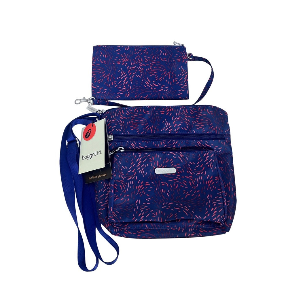 NWT: Baggallini Pocket Crossbody Bag with Pouch Blue Pink Fireworks RFID (A725)
